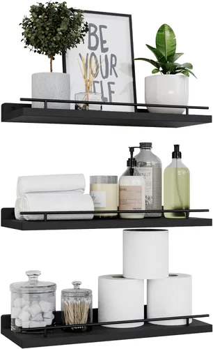 WOPITUES Estantes flotantes con barandilla de metal negro, estantes para decoración de pared, juego de 3, estantes de pared para dormitorio, baño,