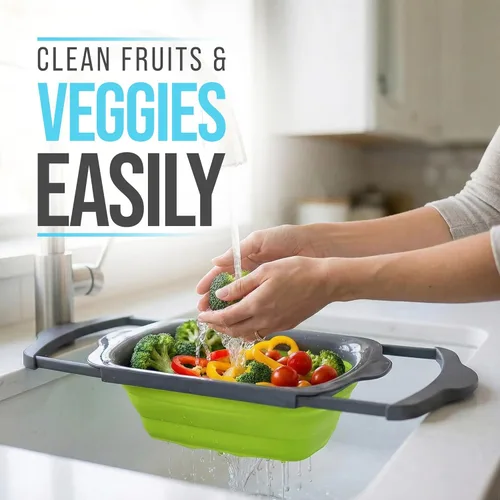 Miniatura 5 de Comfify XL - Colador de cocina grande plegable de silicona para colocar sobre el fregadero, con asas extensibles - Uso con pasta, fruta, bayas