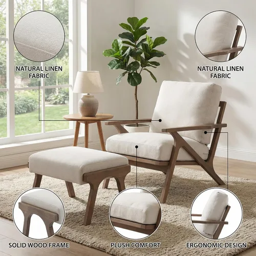 Miniatura 7 de HNY Mid-Century - Silla decorativa tapizada moderna, sillón de tela de lino con marco de madera maciza, cómoda silla de descanso con almohada