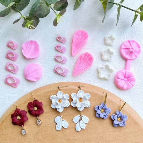 Miniatura 6 de Cortadores de pétalos de flor de arcilla Keoker - Cortadores de arcilla polimérica para hacer aretes, 4 formas con molde de prensa de pétalos de Rojo
