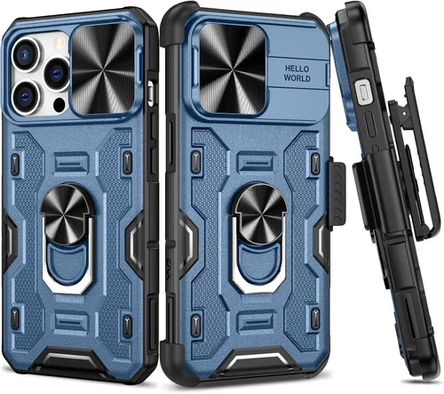 Miniatura 11 de VEGO Funda para iPhone 13 y iPhone 14 con soporte de clip para cinturón, cubierta deslizante para cámara y soporte magnético giratorio de 360°
