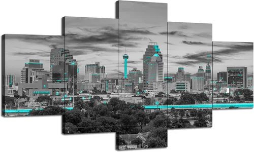 Miniatura 12 de Cawpom Arte de pared de Los Ángeles en blanco y negro, cuadro decorativo para pared, diseño de horizonte de Los Ángeles, póster de palmera, marco