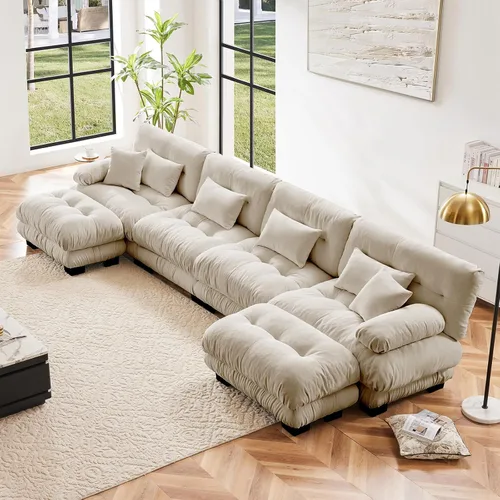 Miniatura 32 de Sofá modular de gran tamaño de 94 pulgadas, sofás seccionales grandes de color beige y blanco para sala de estar, juego de sofá de terciopelo, sofás