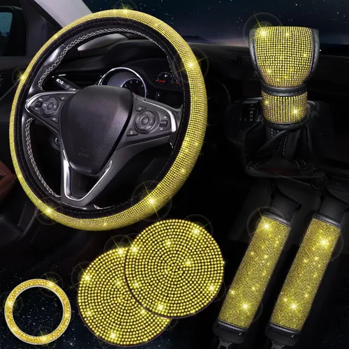 Miniatura 12 de ToBeQueen Juego de fundas para volante brillantes de 15 pulgadas, paquete de 7 piezas con accesorios de diamantes de imitación y cristales