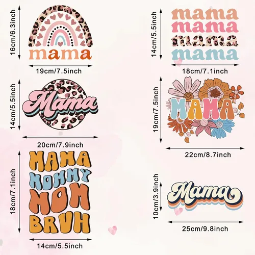 Miniatura 2 de Whaline 6 hojas de parches para planchar con texto en inglés "Mama Boho, para planchar con estampado de arcoíris, flores, leopardo, mamá", vinilo