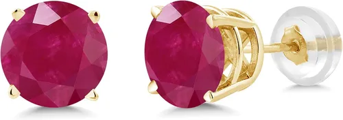 Miniatura 2 de Gem Stone King Pendientes de tuerca de oro amarillo de 14 quilates y rojo rubí de 2.00 quilates con piedra natal de piedras preciosas redondas