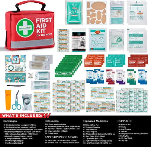 Miniatura 3 de General Medi Botiquín de primeros auxilios - 150 piezas pequeño y compacto. Incluye paquete frío instantáneo, manta de emergencia para viajes