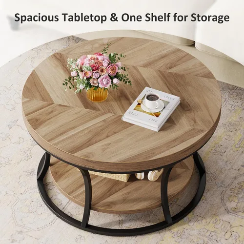 Miniatura 6 de Mesa de centro redonda para sala de estar, mesa de centro circular de 2 niveles con almacenamiento, mesa central decorativa de diseño moderno, grano