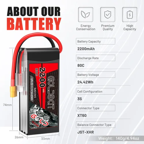 Miniatura 3 de GOLDBAT 3S 11.1V Lipo Batería 2200mAh 80C XT60 Conector 3S Batería corta para vehículos RC Car Vehículos RC Barco Drone Avión Quadcopter Helicóptero