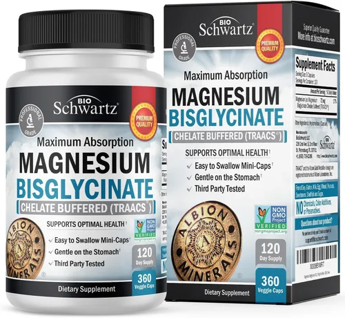 Suplemento quelado de bisglicinato de magnesio – Suplemento de magnesio de alta absorción para apoyo muscular, óseo y articular, no laxante,