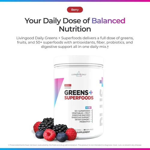 Miniatura 2 de Livingood Daily Verdes y superalimentos en polvo, súper verdes para la salud intestinal, jugo verde en polvo con espirulina, clorella y enzimas