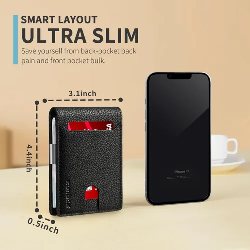 Miniatura 44 de RUNBOX - Carteras delgadas para hombre, cartera de piel con pinza para el dinero, cartera de bolsillo frontal con bloqueo RFID, tarjetero