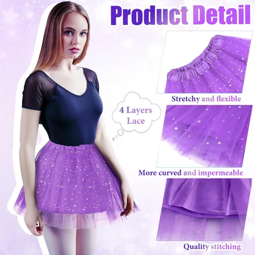 Miniatura 3 de Foaincore 9 piezas de falda tutú para mujer, 4 capas de tul con estrellas, lentejuelas, vestido de ballet para niñas, falda de lentejuelas