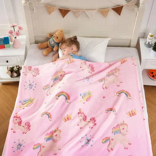 Miniatura 5 de inhand Regalo de unicornio rosa para niña, manta que brilla en la oscuridad, juguetes de unicornio, manta para sofá, manta de forro polar suave