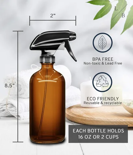 Miniatura 6 de LiBa Paquete de 2 botellas de vidrio ámbar, botella de spray vacía recargable de 16 onzas para limpieza, aceites esenciales, cabello, plantas