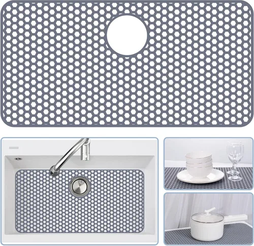 Miniatura 44 de Bestjing Tapete de silicona para fregadero - Protectores para fregadero de cocina con drenaje central, accesorio de rejilla de cocina de 26" x 14