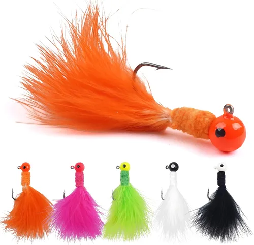 Miniatura 9 de Crappie Jig - Señuelos de pesca, 30 piezas de plumas de marabú, anzuelos de cabeza de calabú, plantilla de cola de cubo, teaser de pesca atados a