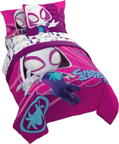 Marvel Spidey & His Amazing Friends Ghost Spider Gwen - Juego de ropa de cama individual de 5 piezas, incluye edredón y juego de sábanas, microfibra