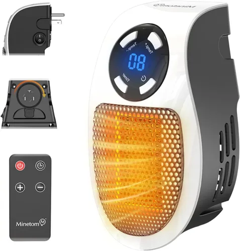 Calentador de Espacio Pequeño Enchufable para Uso Interior 450W, Calentador Eléctrico de Enchufe de Pared con Control Remoto, Temporizador de 12H y