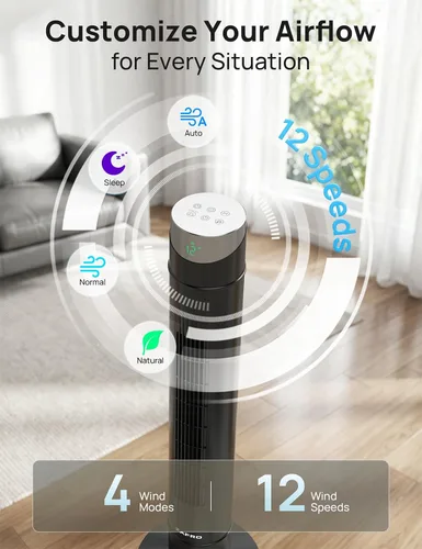 Miniatura 47 de ZAFRO Ventilador de torre inteligente para dormitorio, ventilador de torre oscilante de 120°, 28 pies/s de alta velocidad, 12 velocidades, 4 modos