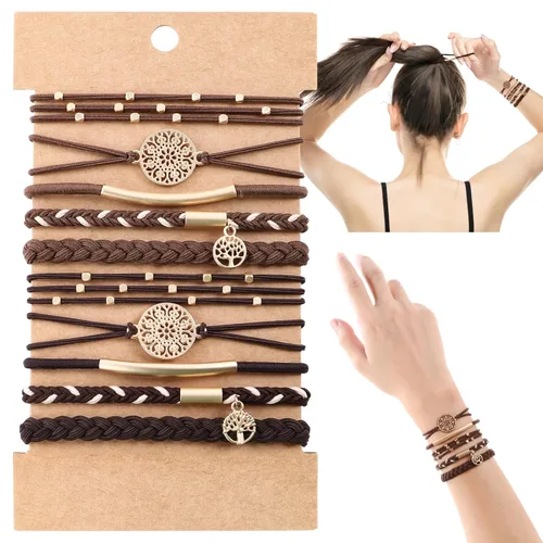 Miniatura 19 de DIYDEC 10 Ligas para el Cabello Pulsera para Mujeres 5 Estilos Suaves Trenzadas Boho Bandas para el Cabello Elásticas Sin Daño Ligas para el Cabello
