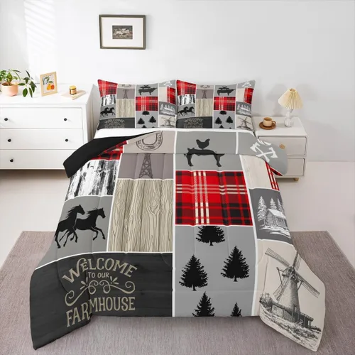 Miniatura 172 de Juego de edredón de oso y ciervo, tamaño individual, ropa de cama de animales salvajes de caza, colcha rústica de cabaña, casa de campo, cuadros