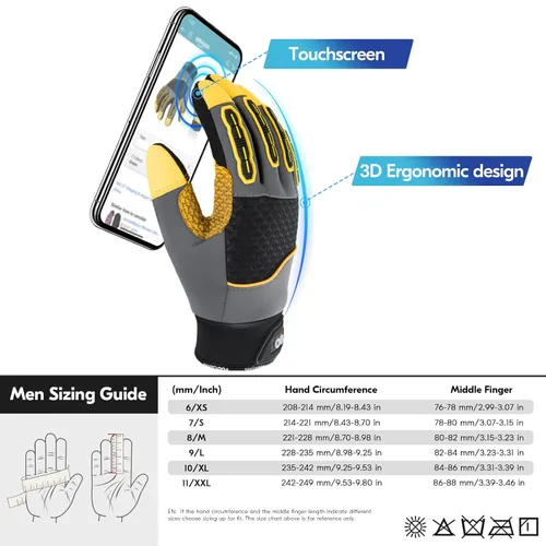 Miniatura 6 de Vgo... Guantes de trabajo de cuero de vaca para hombre, guantes de jardinería de cuero, guantes de protección para el patio, guantes de protección