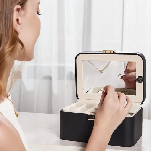Miniatura 7 de KAMIER Organizador de joyas, caja de joyería de piel sintética de 2 capas, gran capacidad, doble cerradura y espejo grande, ganchos ocultos