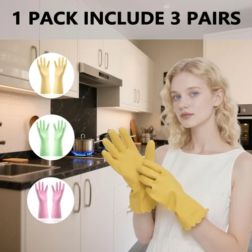 Miniatura 2 de KINGFINGER 3 Pairs PVC Kitchen Gloves, Colorful Reusable Dish Gloves for Cleaning Bathroom, Cute Dishwashing Glove