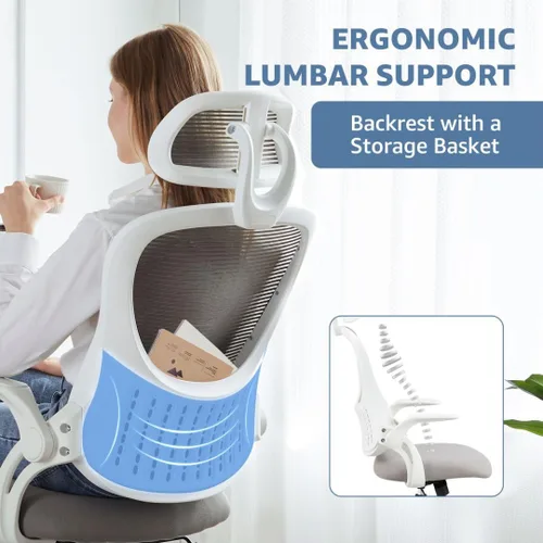 Miniatura 7 de Silla de oficina, sillones de escritorio ergonómicos con soporte lumbar ajustable y reposabrazos abatibles, silla de trabajo de malla con respaldo