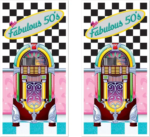 Beistle Cubiertas de plástico para puerta de los años 50, 5 x 30 pulgadas, juego de 2 – Soda Shop Jukebox decoración de pared, suministros de Multi