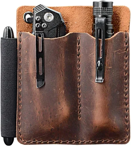 Organizador de bolsillo de cuero EDC, funda deslizante de bolsillo, funda para cuchillo de bolsillo, portador EDC, con asa para bolígrafo,