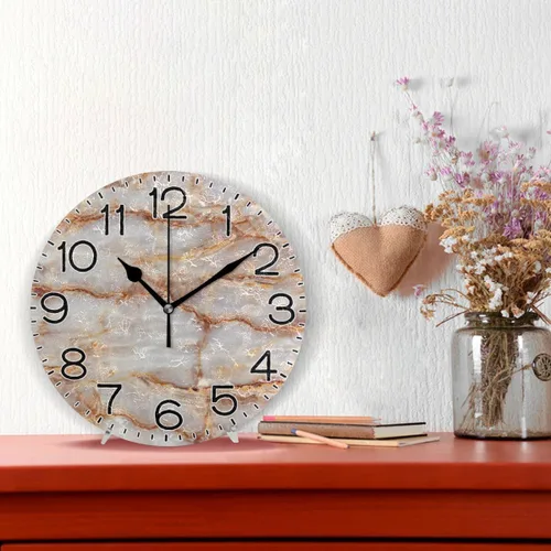 Miniatura 2 de ALAZA Reloj de pared de mármol marrón natural, funciona con pilas, sin tictac, silencioso, de cuarzo, analógico, rústico, rústico, reloj redondo