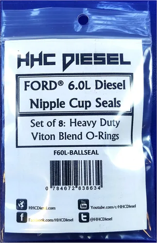 HHC Diesel -Ford 6.0L Diesel Nipple Cup/Ball Tube O-Rings/Seals- Juego de 8 Mezcla especial de Viton resistente (F60L-BALLSEAL)