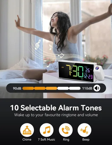Miniatura 3 de Netzu Reloj de proyección para techo de dormitorio, despertadores con proyector giratorio de 180°, temperatura de fecha y día de la semana, DST
