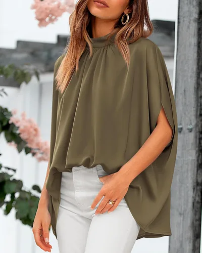Miniatura 76 de BTFBM Blusas de verano para mujer, cuello alto falso, manga murciélago, holgadas, dobladillo alto y bajo, blusas informales de gran