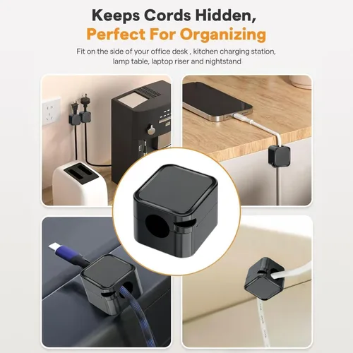 Miniatura 5 de Paquete de 6 soportes magnéticos para cables negros, clips adhesivos para cable de escritorio y automóvil, organizador de cables para mesita