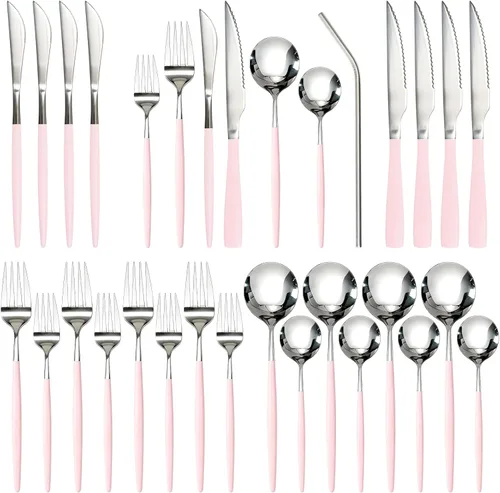 Miniatura 8 de Juego de cubiertos Astercook de 48 piezas en color dorado con cuchillos de carne, juego de cubiertos de acero inoxidable de grado alimenticio