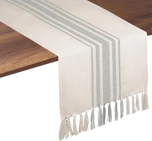 Native Fab Camino de mesa a rayas grises – Mantel bohemio de 72 pulgadas de largo con borlas – 100% algodón, tejido apretado, mantel antideslizante