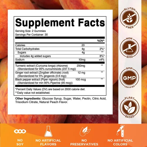 Miniatura 2 de Vitamatic Gomitas de cúrcuma con extracto de jengibre y pimienta negra – 60 gomitas veganas 95% curcuminoides – Potente apoyo antioxidante e