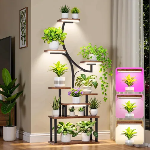 softeen Soporte para plantas de interior con 4 luces de cultivo y 3 colores, estante esquinero de 8 niveles, soportes de plantas de 63 pulgadas de