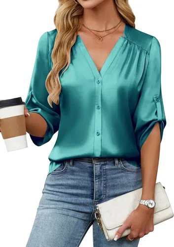 Miniatura 16 de Blooming Jelly Camisas con botones para mujer de manga 3/4, tops casuales elegantes, blusas de negocios de satén de seda plisado 2025