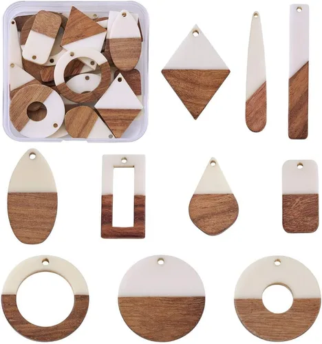 Miniatura 13 de Beadthoven 60 piezas Kit de Dijes de Madera de Resina Colgantes para Hacer Aretes Dijes Dorados para Aretes DIY Boho Piezas en Blanco de Madera