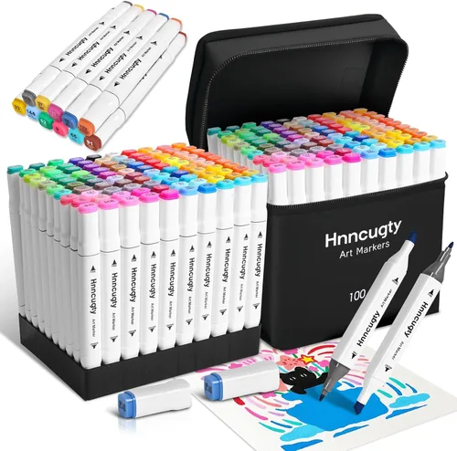 Hnncugty Juego de marcadores de alcohol de 100 colores, doble punta para colorear con estuche y soportes, cincel y bolígrafos de boceto para