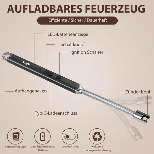 Miniatura 2 de Encendedor eléctrico de vela recargable USB C de plasma con cuello flexible de 360° resistente al viento para velas profundas, estufa de gas, Gris