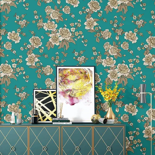 Miniatura 8 de J9175 - Papel tapiz floral para despegar y pegar de 17.7 pulgadas x 9.8 pies, color rojo/caqui, papel de contacto autoadhesivo extraíble