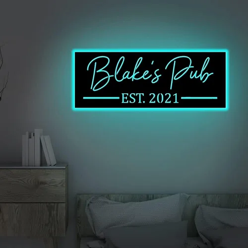 Miniatura 3 de Señales de barra de nombre de neón LED personalizadas, señal de bienvenida de familia de metal para decoración de bar, luz de barra abierta