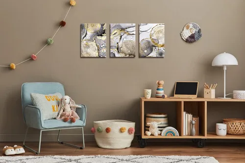 Miniatura 5 de Arte abstracto dorado para pared, 3 piezas, arte moderno enmarcado en blanco y negro, gris, oro, tinta fluida, anillos anuales, imágenes, lienzo