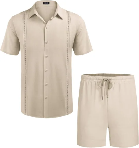 Miniatura 4 de COOFANDY Conjunto de 2 piezas de lino para hombre camisa con botones y pantalones cortos