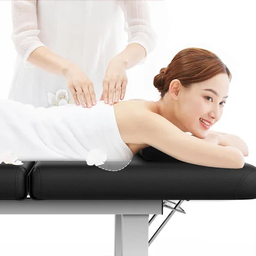 Miniatura 8 de Mesa de masaje estacionaria ancha negra con respaldo para mesa de tratamiento, mesa de terapia física, cama facial de spa, marco de metal, piel Negro